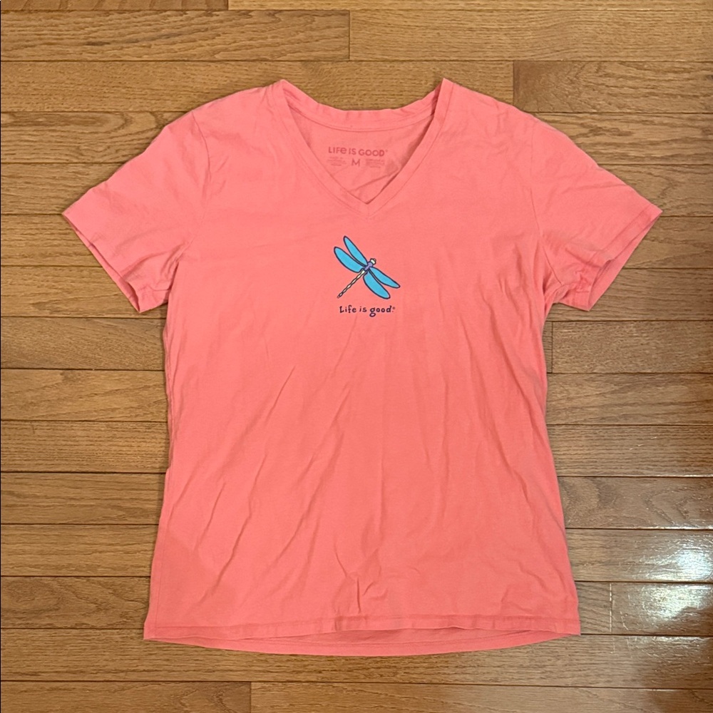 Life Is Good Coral Tee with Blue Dragonfly